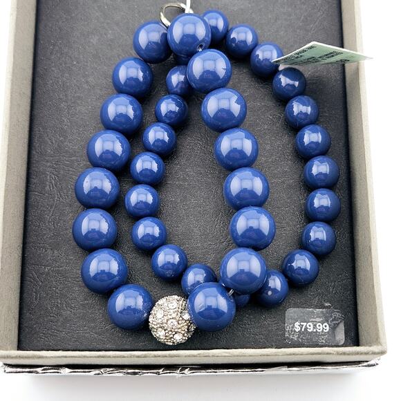 Double Strand Navy Blue Bead Stretch Bracelet Chunky Nautical Preppy Casual NWT - Picture 3 of 4